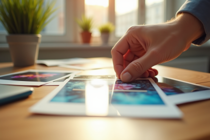 Main arrangeant des photos vives sur une table en bois