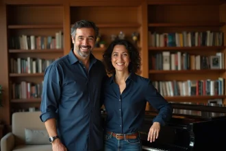 Homme et Zahia Ziouani jouent du piano dans un salon chaleureux