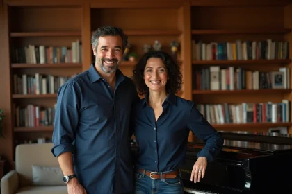 Homme et Zahia Ziouani jouent du piano dans un salon chaleureux