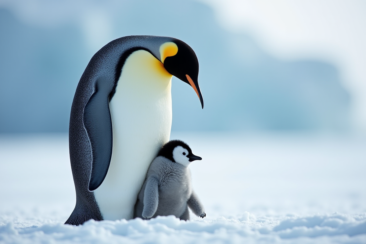 Pingouin empereur avec son poussin dans un paysage glacé