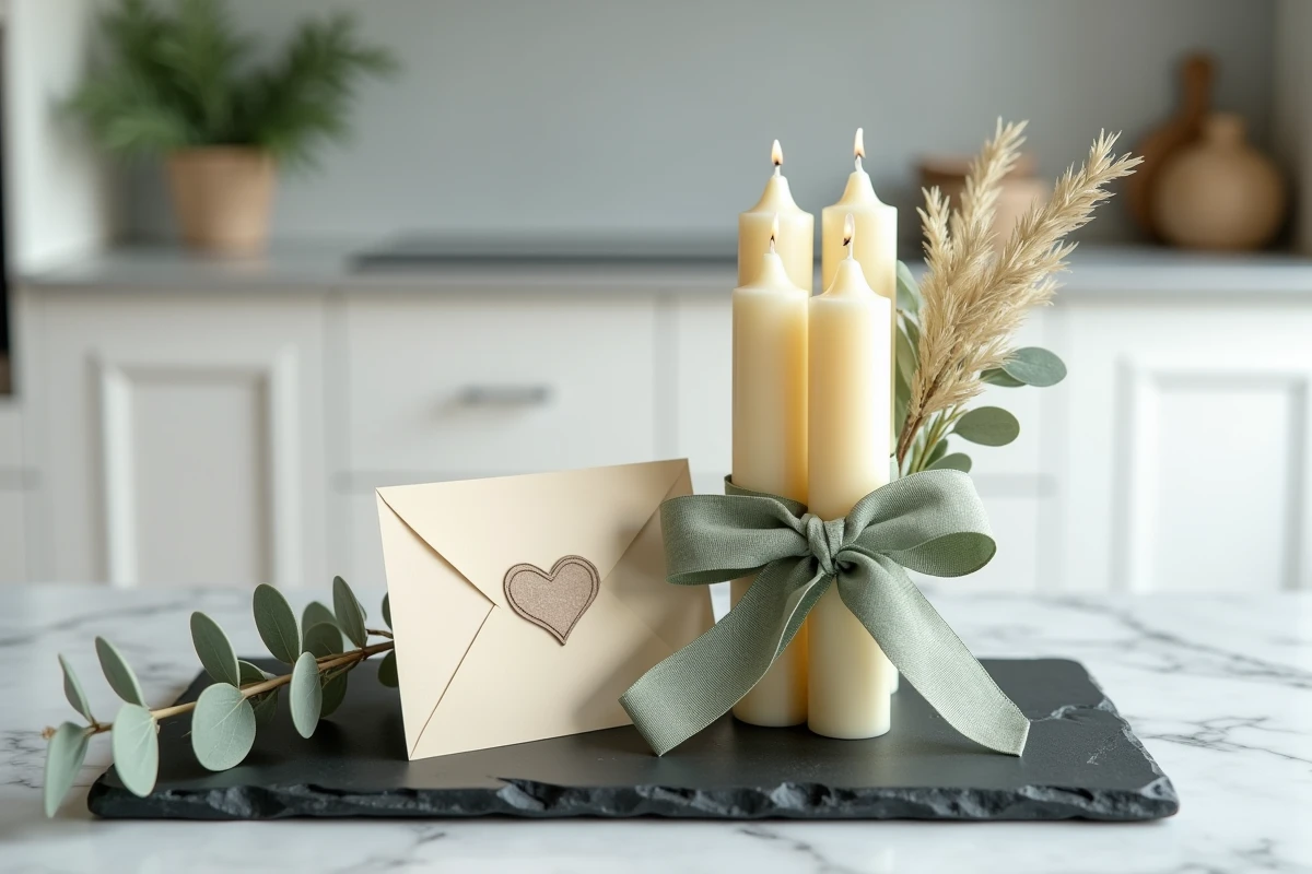 Plateau ardoise avec bougies, cœur et carte de condoléances dans un cadre moderne épuré