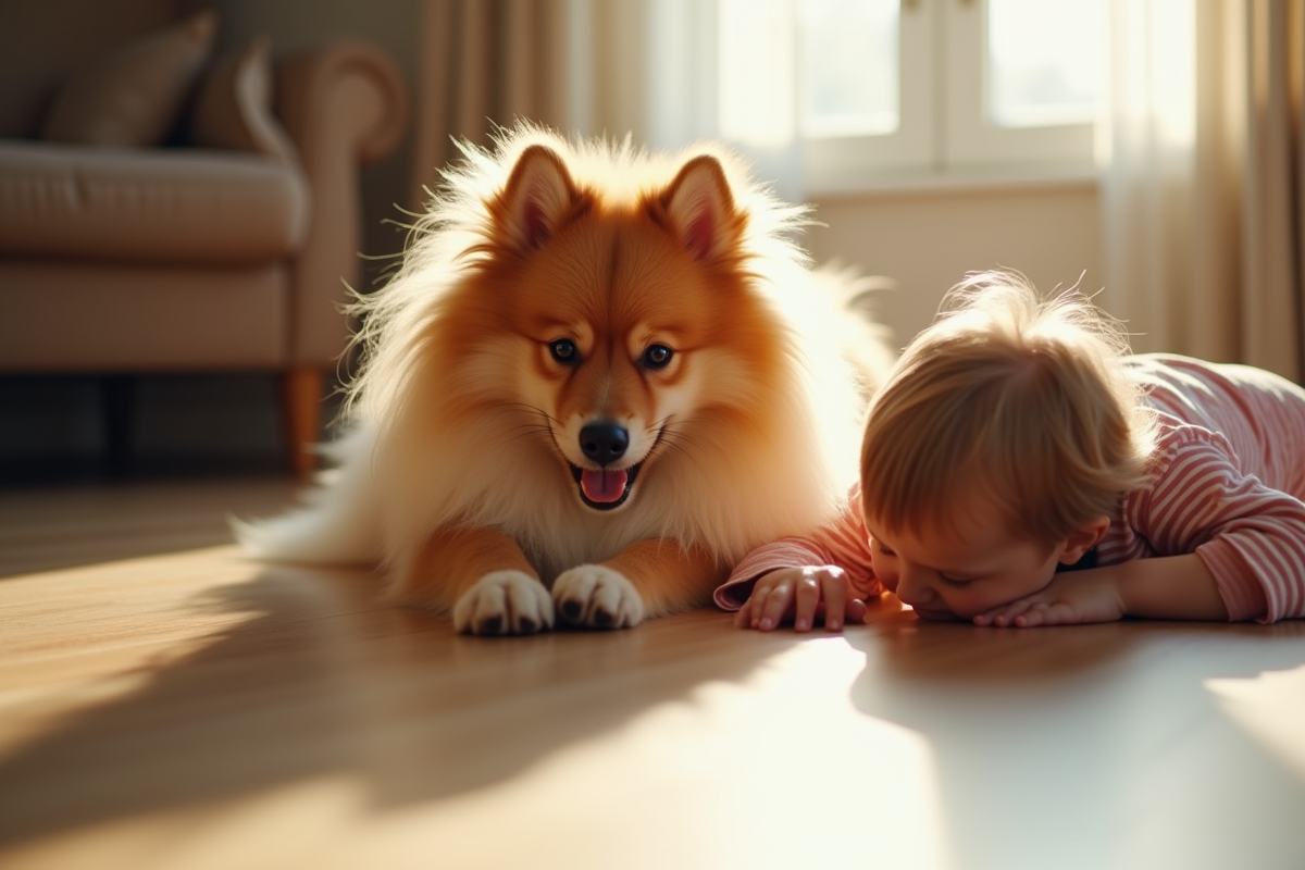 Portrait de chien german spitz jouant avec un enfant