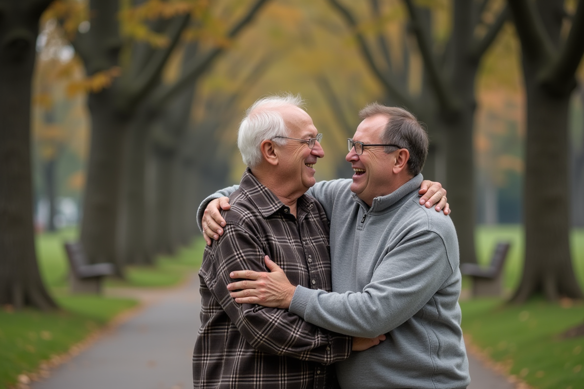 Père et fils souriants dans un parc ombragé