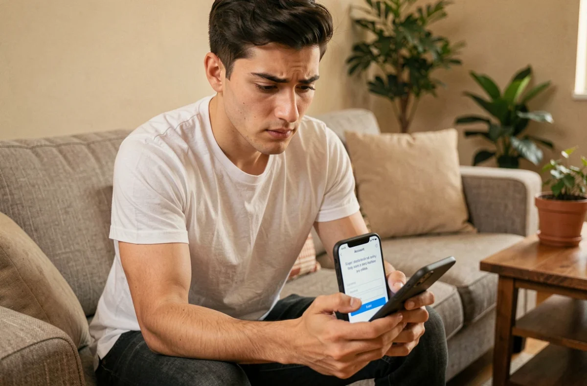 Jeune homme consultant son smartphone pour se connecter pour la première fois à son compte personnel