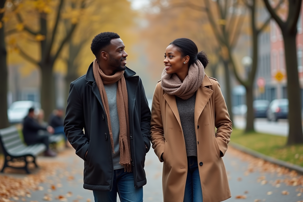 Couple interracial se promenant dans un parc en automne