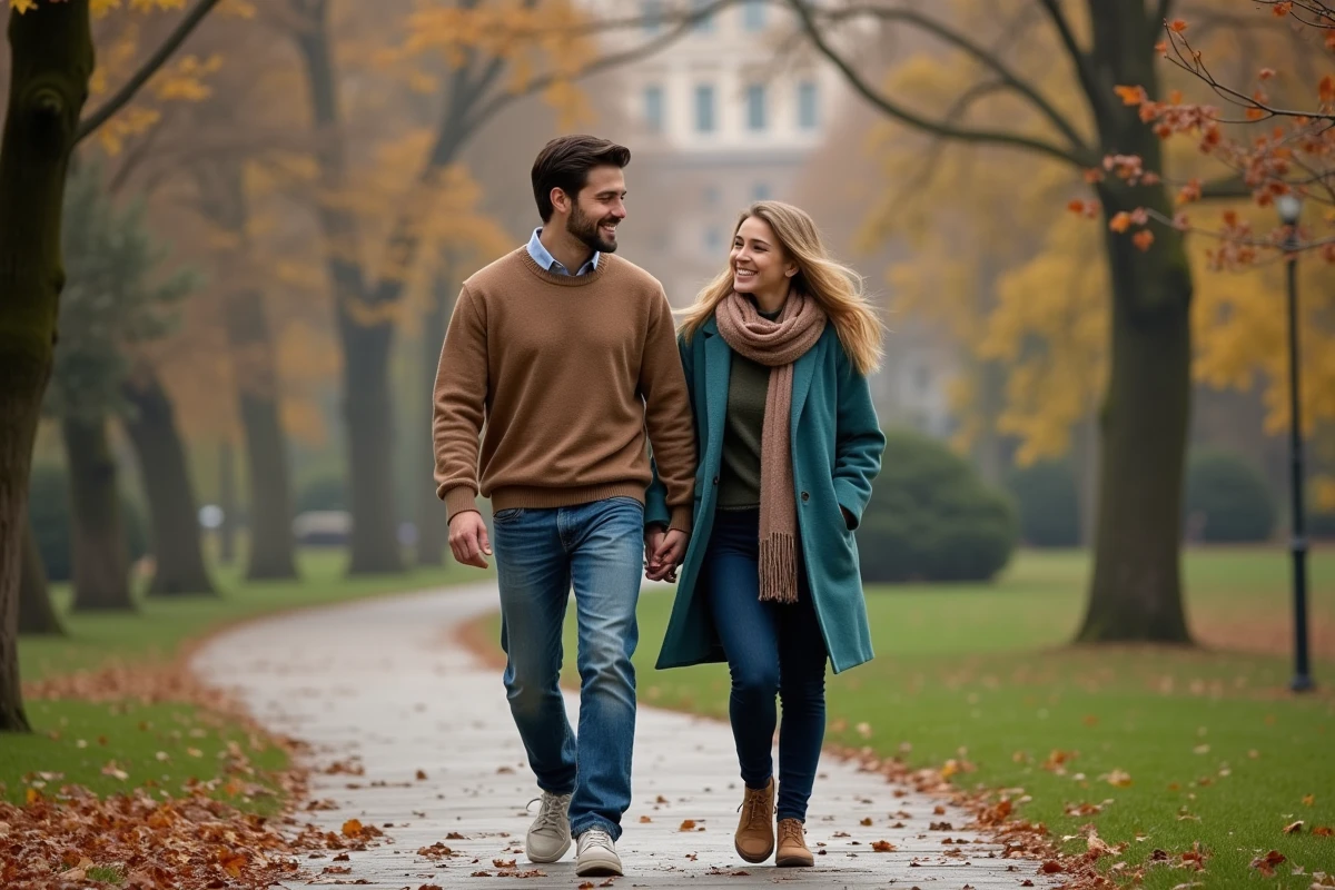 Couple se promenant dans un parc automnal