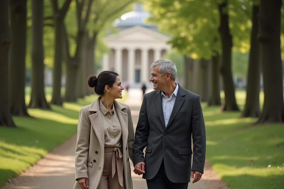 Couple dans un parc arboré en promenade détendue