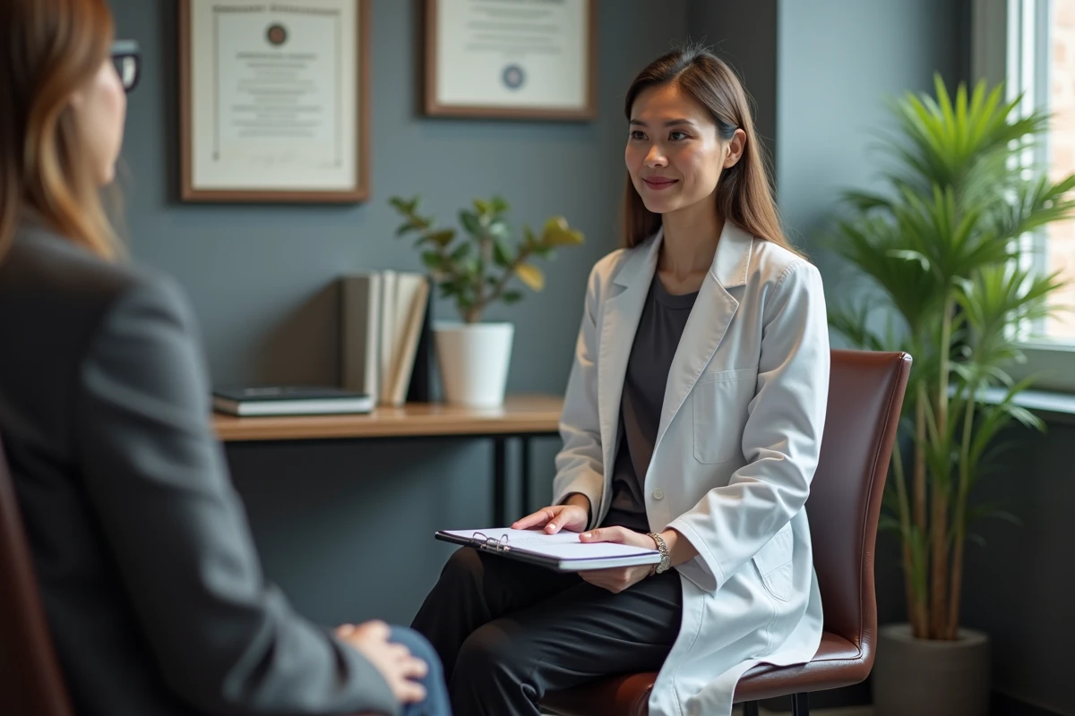 Psychiatre en consultation avec une patiente dans un cabinet médical, cadre professionnel bienveillant, suivi psychiatrique adulte