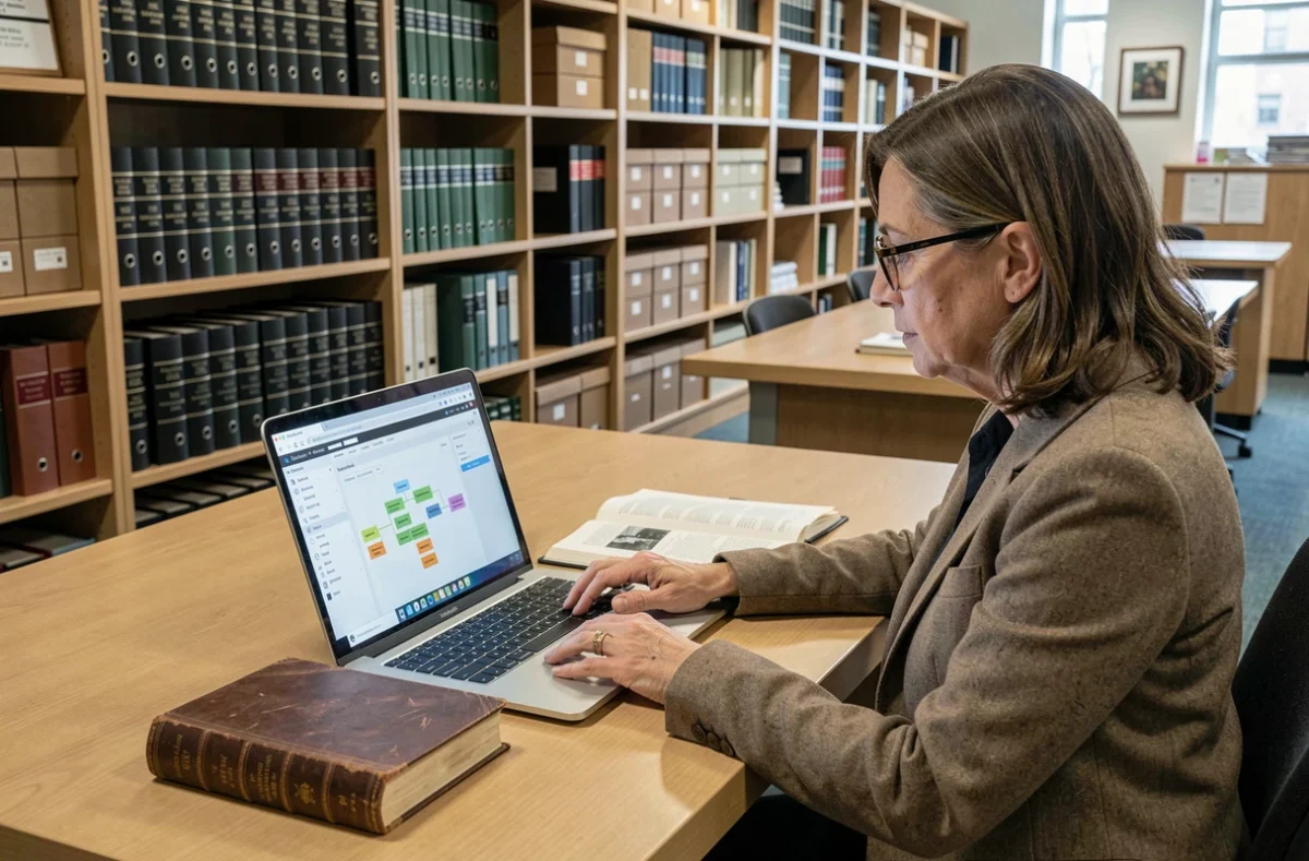Femme effectuant des recherches généalogiques sur un ordinateur portable dans une bibliothèque d'archives