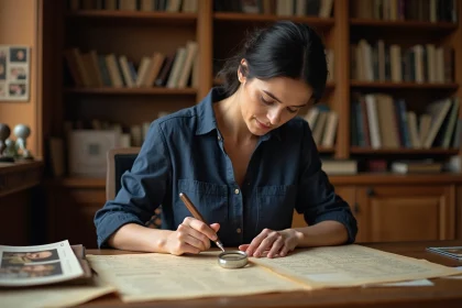 Femme consultant des documents généalogiques anciens sur un bureau en bois pour retracer ses origines philippiennes