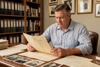 Homme examinant des documents généalogiques anciens et des photographies de famille sur un bureau en bois