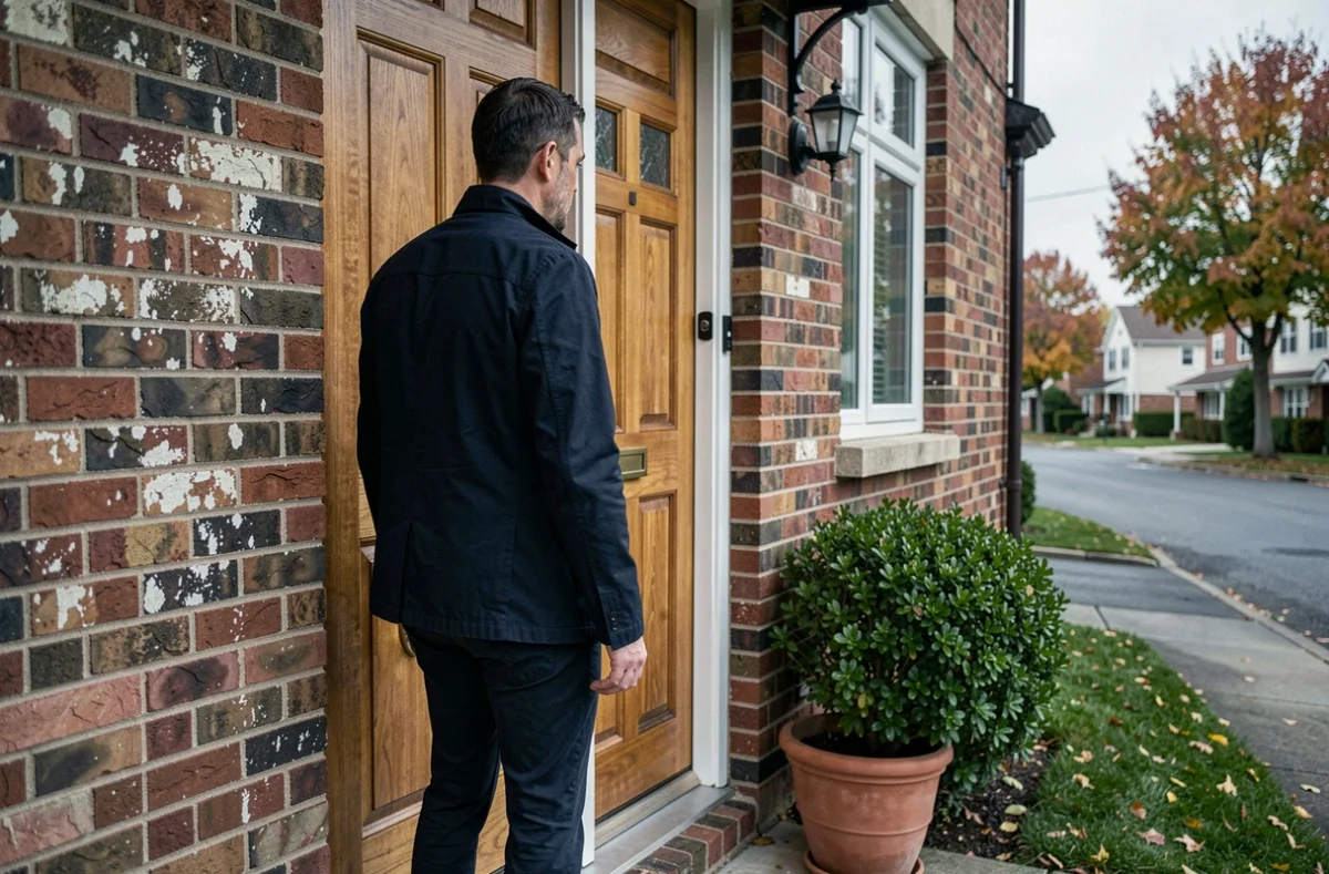 Homme adulte debout devant une porte fermée sur le pas d'une maison, symbolisant la rupture familiale et le rejet des parents à l'âge adulte