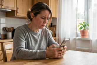 Femme adulte assise seule à une table de cuisine regardant son téléphone avec une expression tendue, illustrant le rejet parental et la difficulté de communication familiale