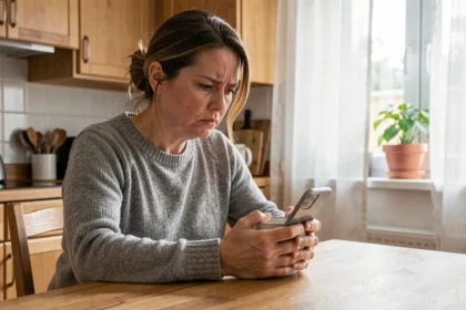 Femme adulte assise seule à une table de cuisine regardant son téléphone avec une expression tendue, illustrant le rejet parental et la difficulté de communication familiale