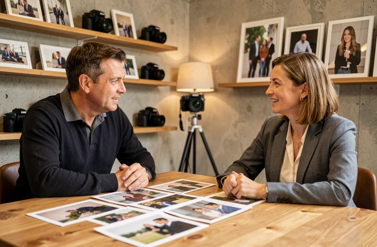 Réunion entre un photographe et son client dans un studio photo à Aurillac