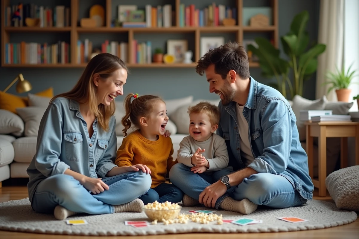 Famille de jeunes parents jouant à un jeu de société avec leurs enfants sur le sol du salon, moment de complicité et de rituel familial partagé