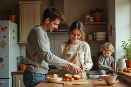 Jeunes parents et leur enfant en bas âge préparant un repas ensemble dans une cuisine familiale chaleureuse, créant un rituel du quotidien