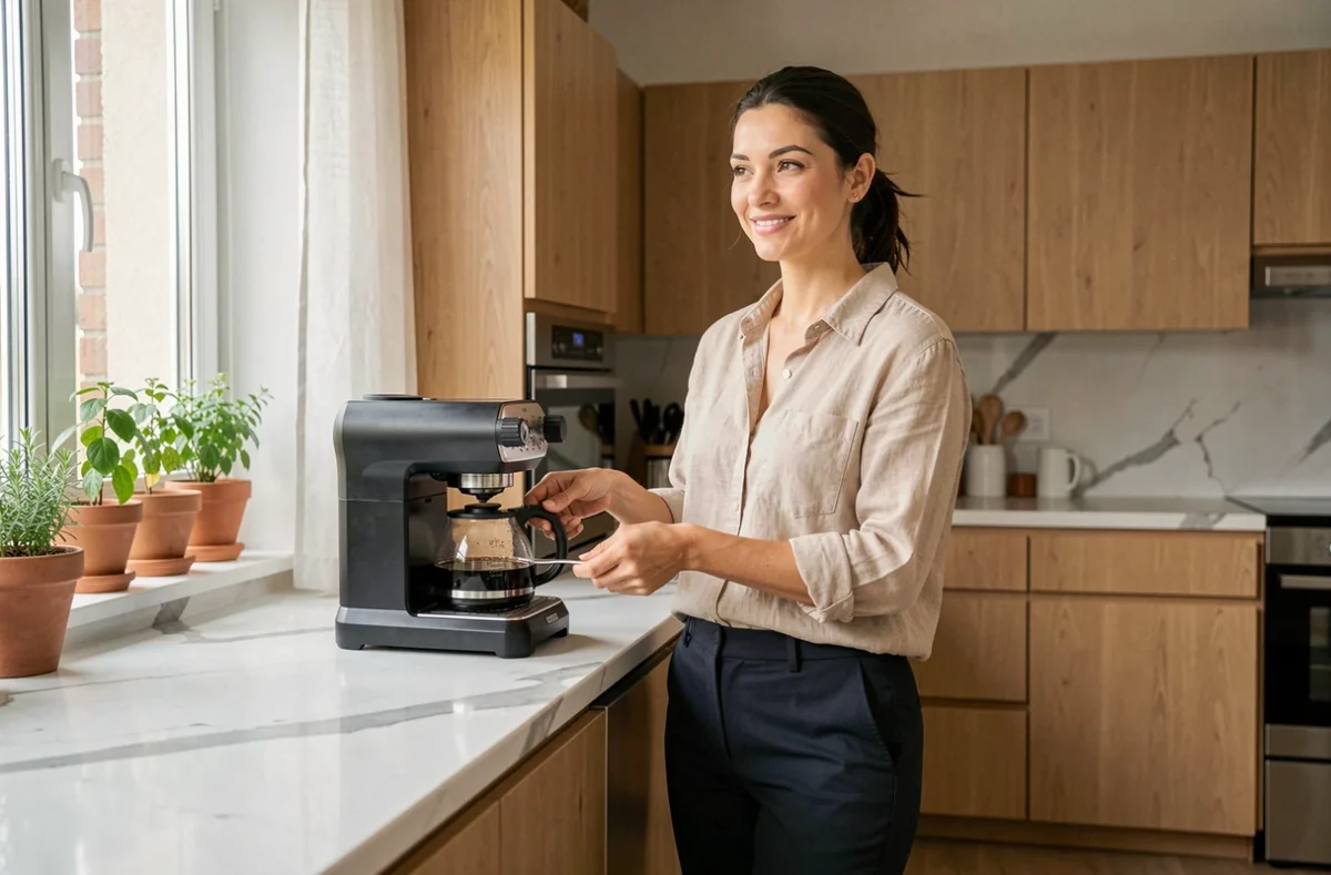 Femme media dans sa cuisine moderne, moment de vie quotidienne décontractée préparant un café dans un intérieur chaleureux et contemporain