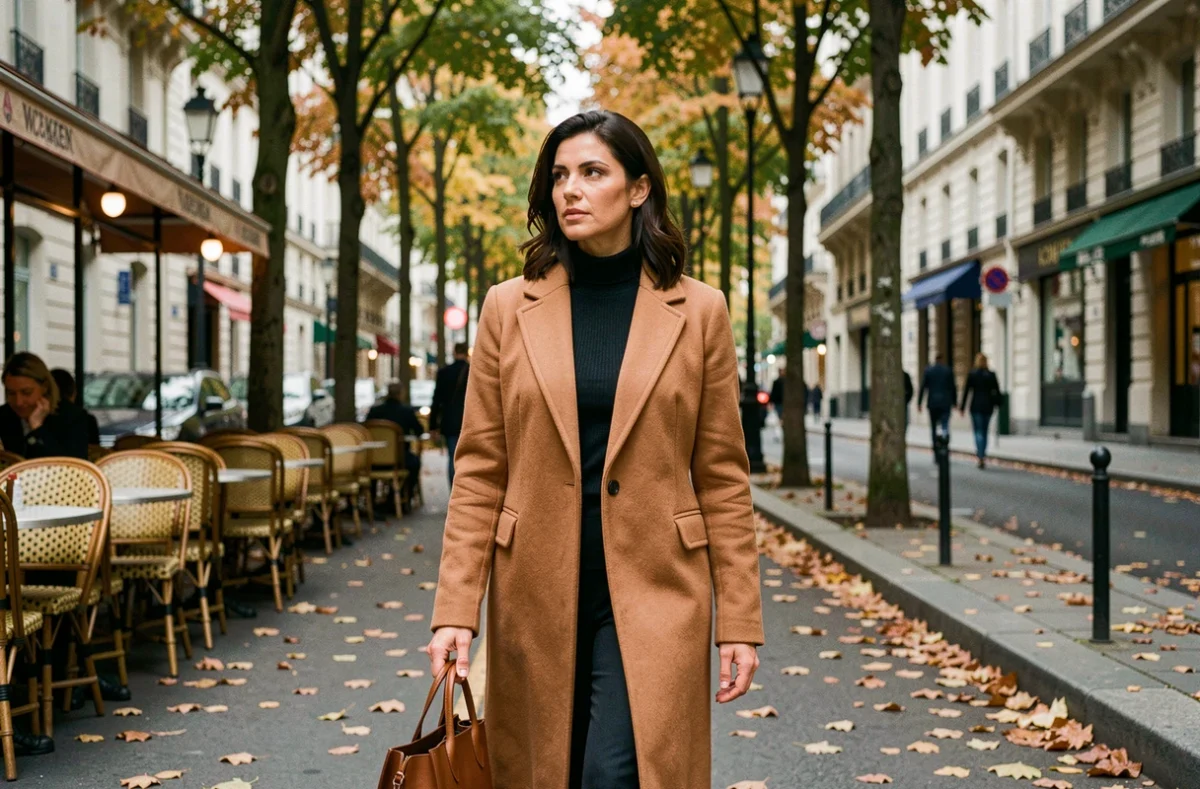 Femme professionnelle des médias marchant dans une rue parisienne en automne, allure naturelle et élégante entre vie médiatique et moments personnels