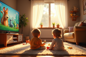 Deux enfants regardent la télévision dans un salon chaleureux