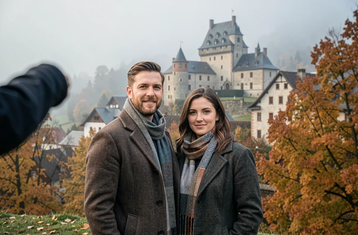Couple en séance photo en extérieur à Pontarlier avec le château de Joux et le paysage jurassien en arrière-plan automnal