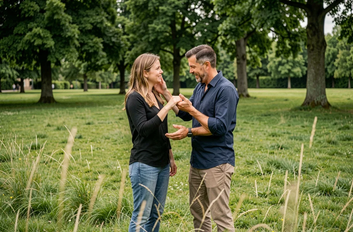 Photographe dirigeant une séance photo en extérieur dans un parc de Mont-Saint-Aignan