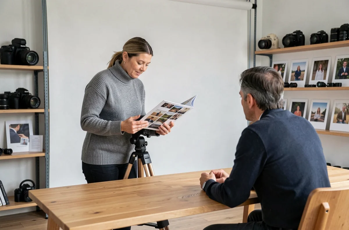 Studio photo professionnel à Mont-Saint-Aignan avec photographe présentant un portfolio à un client