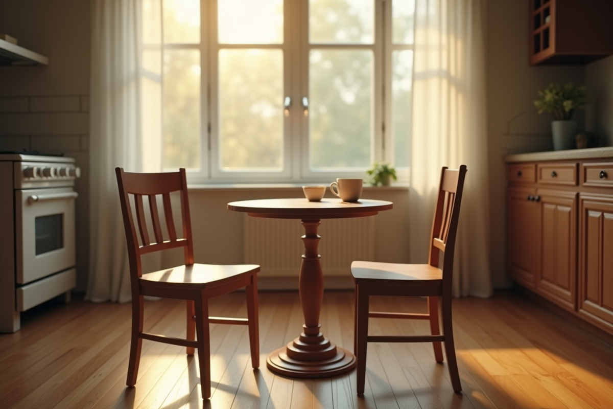 Table de cuisine avec deux chaises et tasse de café vide