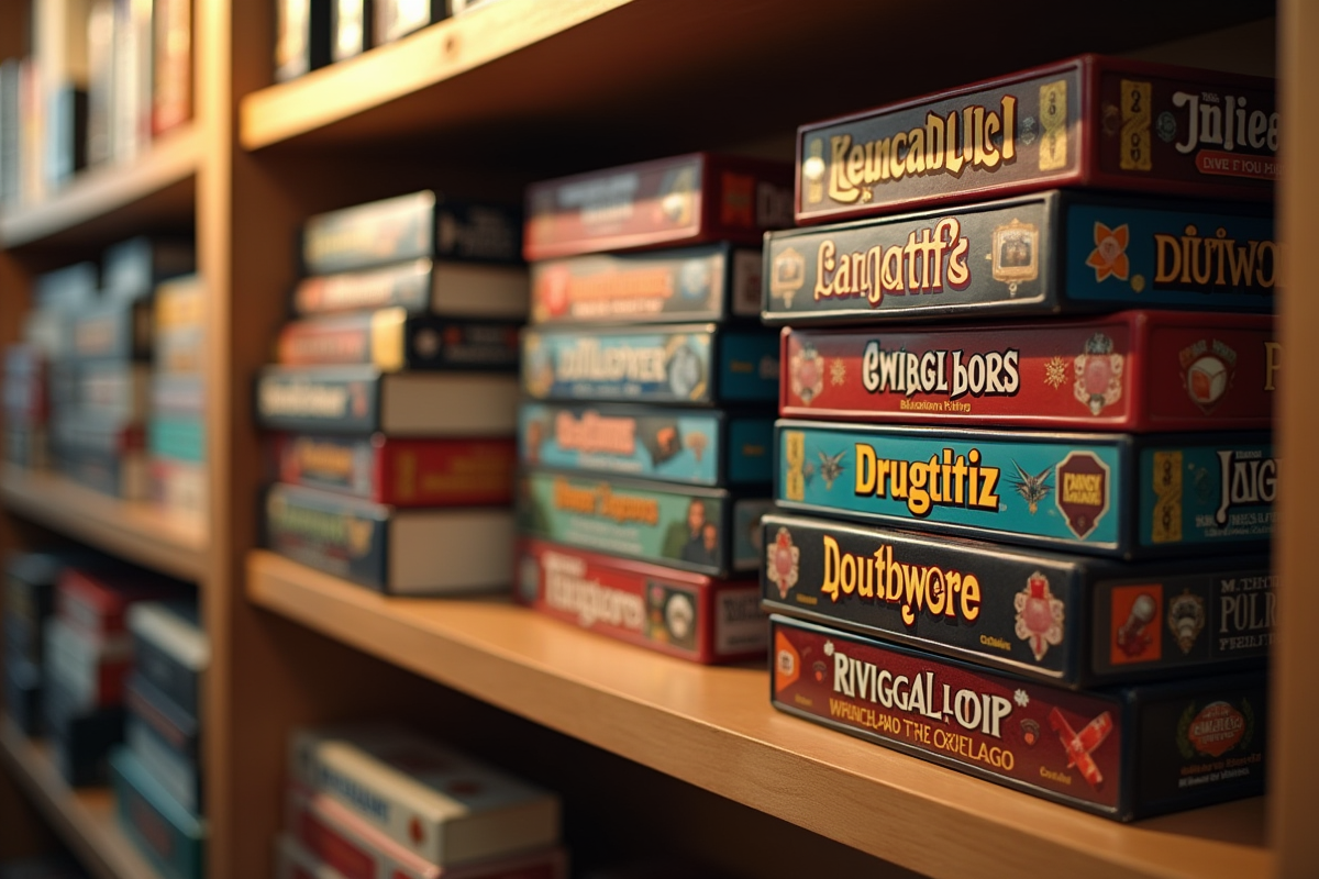 Étagère organisée avec divers jeux de société empiles