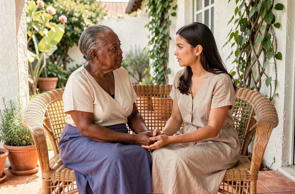Une femme âgée transmettant ses conseils et ses valeurs à une jeune femme adulte sur une véranda, symbolisant l'éducation familiale et les racines culturelles