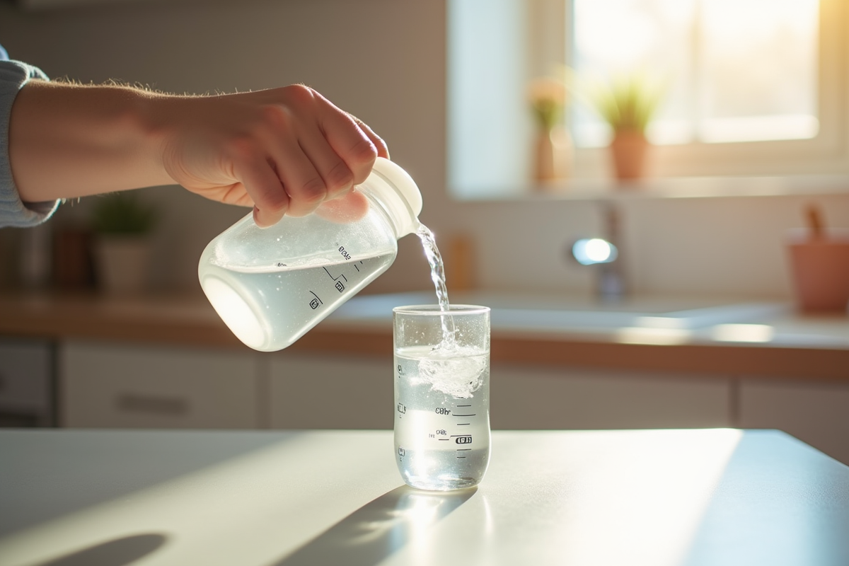 Main d'un parent versant 100 ml d'eau dans un biberon bébé