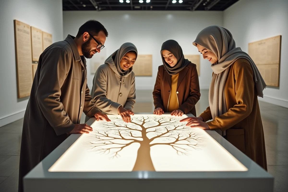 Un groupe de visiteurs multiculturels étudie un arbre généalogique de la famille du Prophète Mohammed dans une exposition historique contemporaine