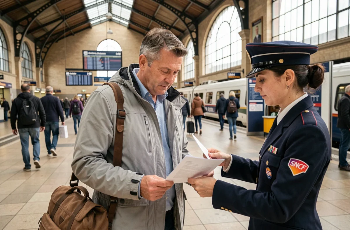 Voyageur recevant une assistance documentaire urgente à la gare d'Amiens SNCF