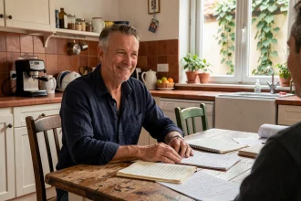 Yvan Cassar assis à une table de cuisine familiale entourée de partitions musicales, illustrant l'équilibre entre vie professionnelle et vie de famille
